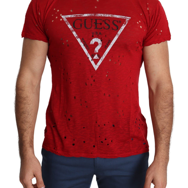 Guess Red Cotton Logo Print Men Casual Top Perforated T-shirt