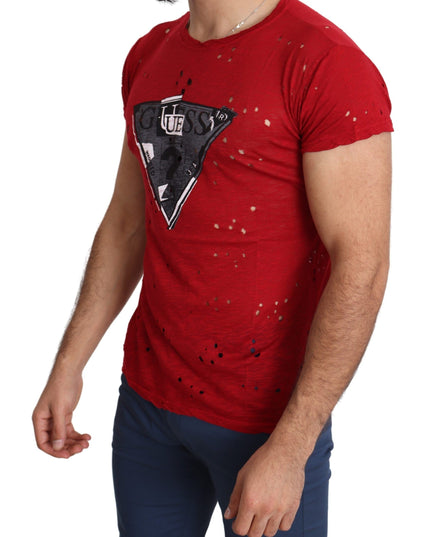 Guess Red Cotton Logo Print Men Casual Top Perforated T-shirt