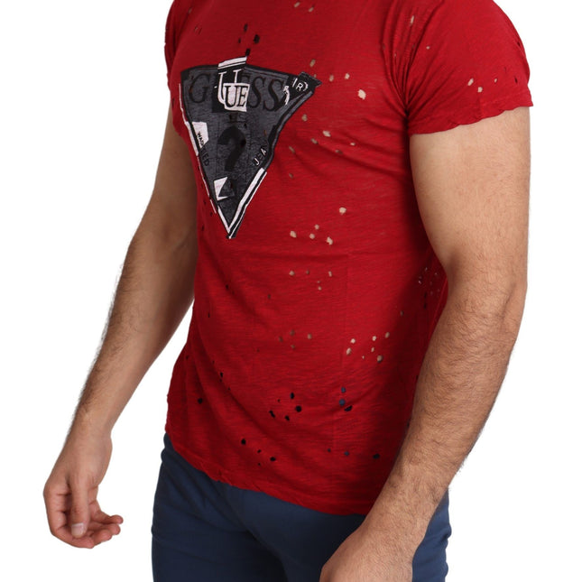 Guess Red Cotton Logo Print Men Casual Top Perforated T-shirt