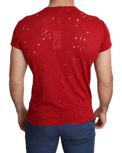 Guess Red Cotton Logo Print Men Casual Top Perforated T-shirt