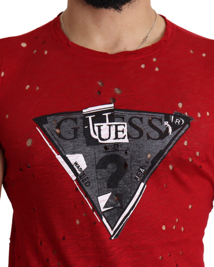 Guess Red Cotton Logo Print Men Casual Top Perforated T-shirt