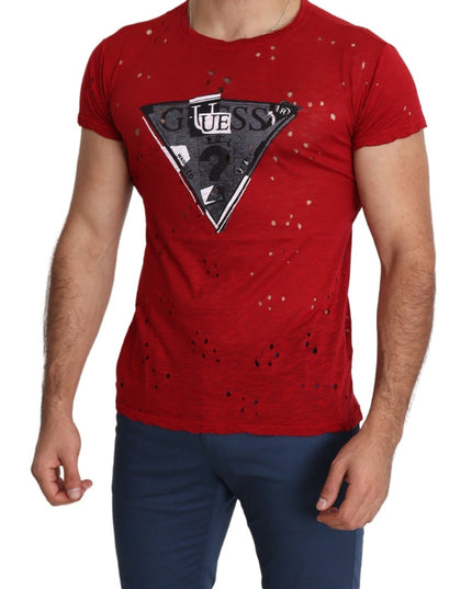 Guess Red Cotton Logo Print Men Casual Top Perforated T-shirt