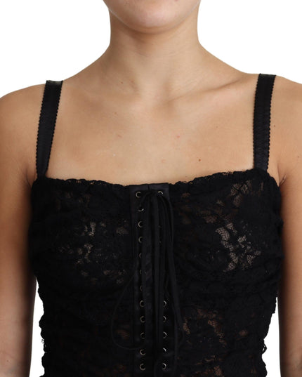 Dolce & Gabbana Black Lace Up Floral Corset Bustier Mini Dress