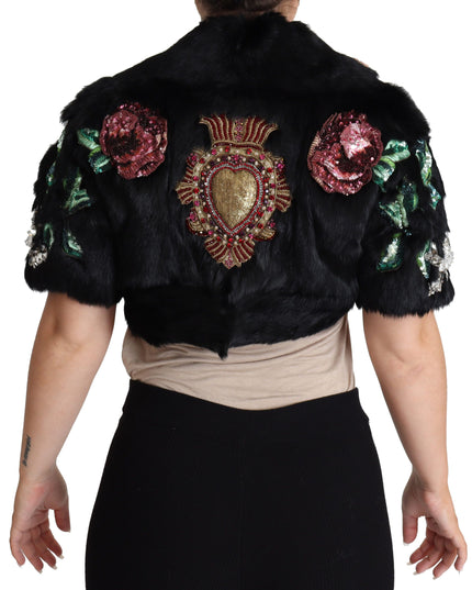 Dolce & Gabbana Black Rabbit Fur Crystals Sequin Coat