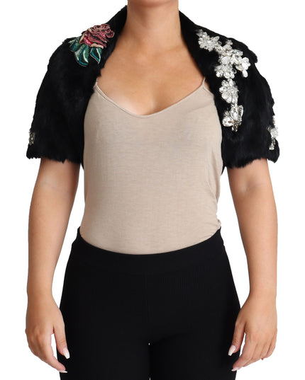 Dolce & Gabbana Black Rabbit Fur Crystals Sequin Coat