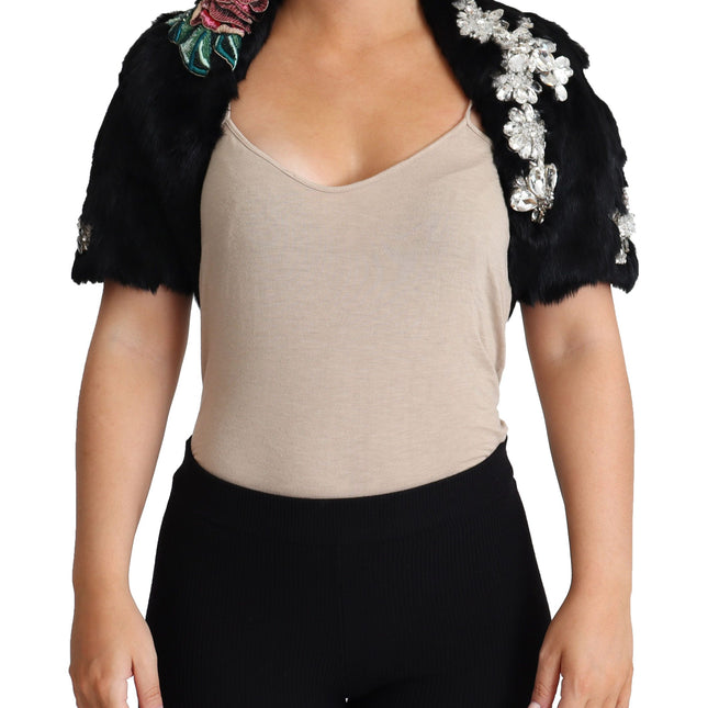 Dolce & Gabbana Black Rabbit Fur Crystals Sequin Coat