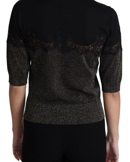 Dolce & Gabbana Black Shiny Lurex Lace Insert Pullover Top
