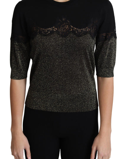 Dolce & Gabbana Black Shiny Lurex Lace Insert Pullover Top