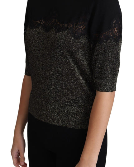 Dolce & Gabbana Black Shiny Lurex Lace Insert Pullover Top