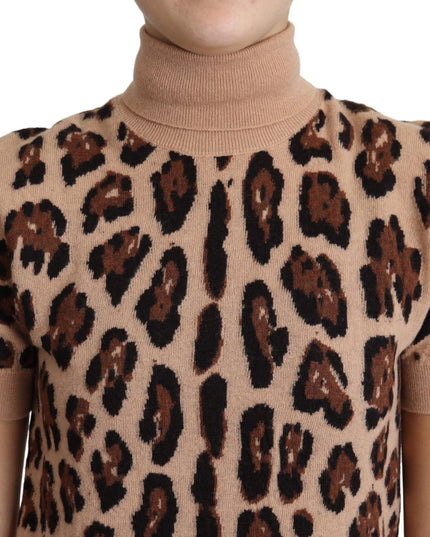 Dolce & Gabbana Beige Leopard Print Virgin Wool Turtleneck Top