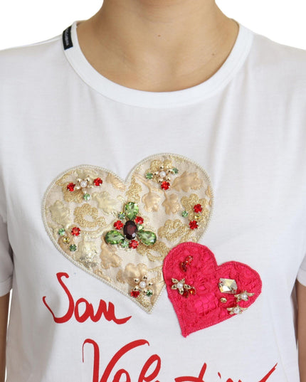 Dolce & Gabbana White San Valentino Heart Crystals T-shirt Top