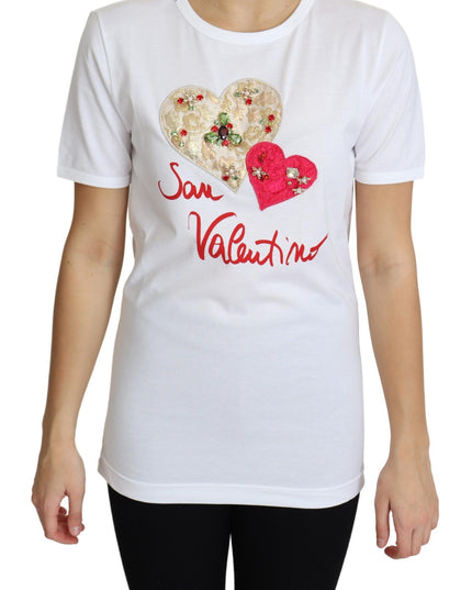 Dolce & Gabbana White San Valentino Heart Crystals T-shirt Top