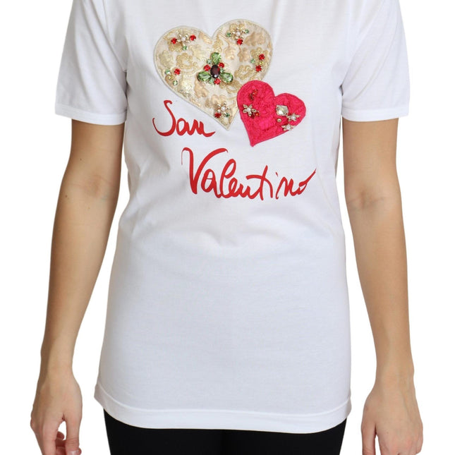 Dolce & Gabbana White San Valentino Heart Crystals T-shirt Top