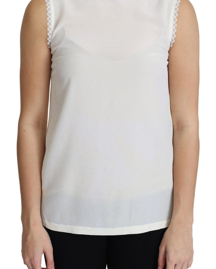 Dolce & Gabbana White Blouse Silk Lace Trimmed Sleeveless Top