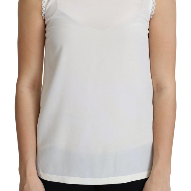 Dolce & Gabbana White Blouse Silk Lace Trimmed Sleeveless Top