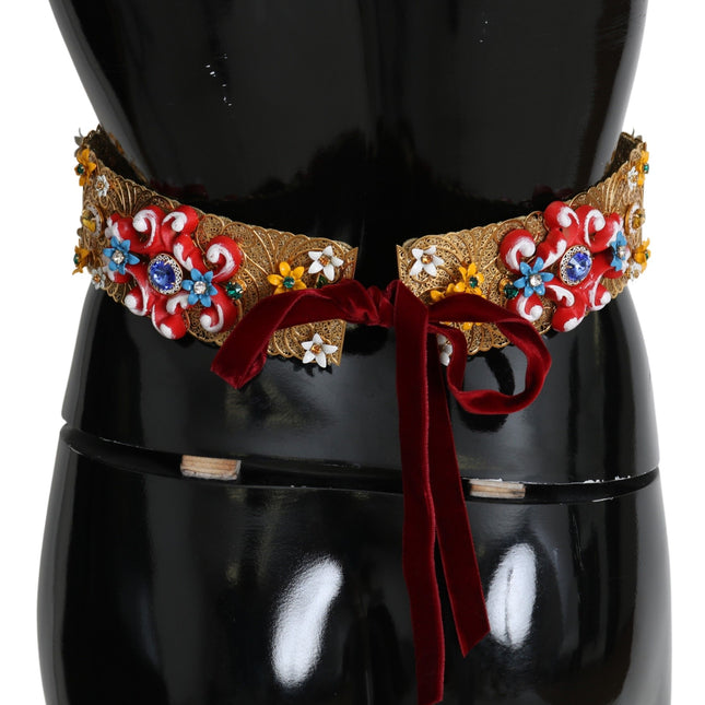 Dolce & Gabbana Embellished Floral Crystal Wide Waist Golden Belt
