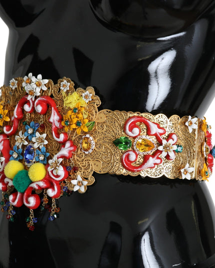 Dolce & Gabbana Embellished Floral Crystal Wide Waist Golden Belt