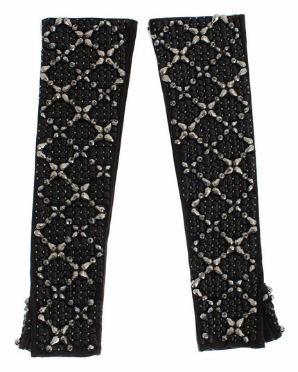 Dolce & Gabbana Black Leather Crystal Beaded Finger Free Gloves