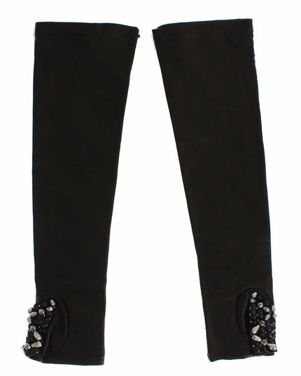 Dolce & Gabbana Black Leather Crystal Beaded Finger Free Gloves
