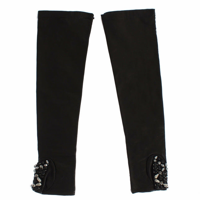 Dolce & Gabbana Black Leather Crystal Beaded Finger Free Gloves