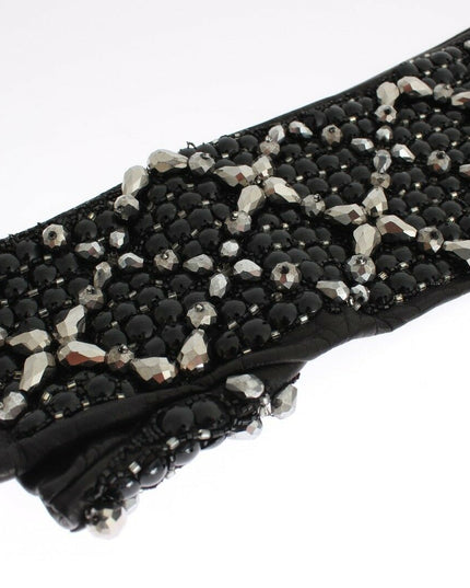 Dolce & Gabbana Black Leather Crystal Beaded Finger Free Gloves
