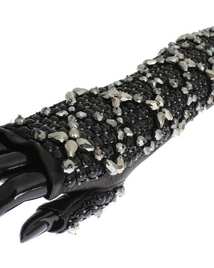 Dolce & Gabbana Black Leather Crystal Beaded Finger Free Gloves
