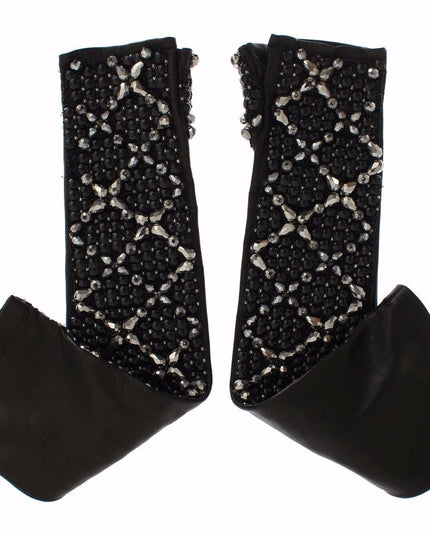 Dolce & Gabbana Black Leather Crystal Beaded Finger Free Gloves