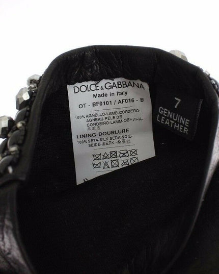 Dolce & Gabbana Black Leather Crystal Beaded Finger Free Gloves