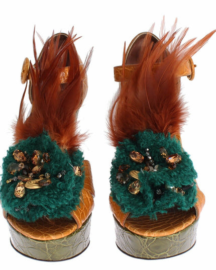 Dolce & Gabbana Orange Leather Crystal Platform Sandal Shoes