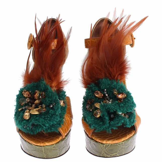 Dolce & Gabbana Orange Leather Crystal Platform Sandal Shoes