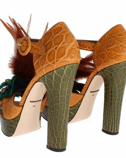 Dolce & Gabbana Orange Leather Crystal Platform Sandal Shoes