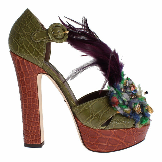 Dolce & Gabbana Green Leather Crystal Platform Sandal Shoes
