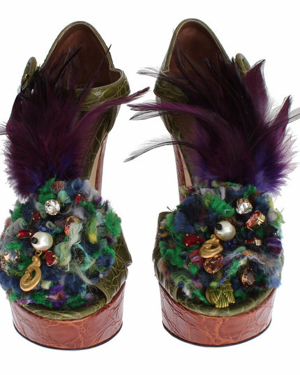 Dolce & Gabbana Green Leather Crystal Platform Sandal Shoes