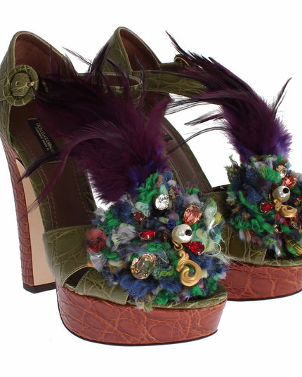 Dolce & Gabbana Green Leather Crystal Platform Sandal Shoes