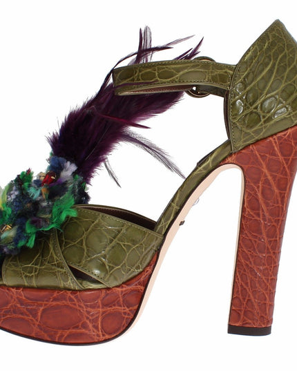 Dolce & Gabbana Green Leather Crystal Platform Sandal Shoes
