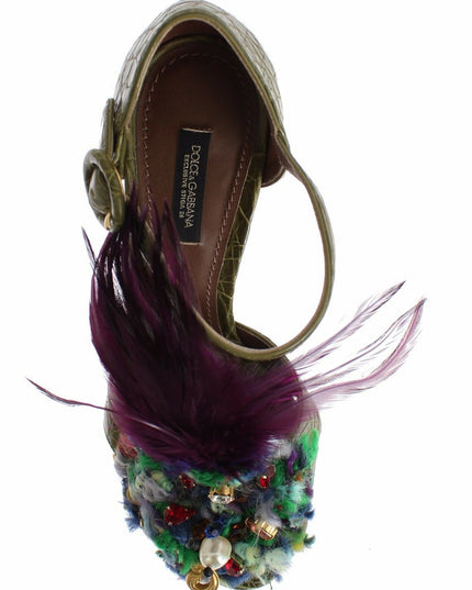 Dolce & Gabbana Green Leather Crystal Platform Sandal Shoes