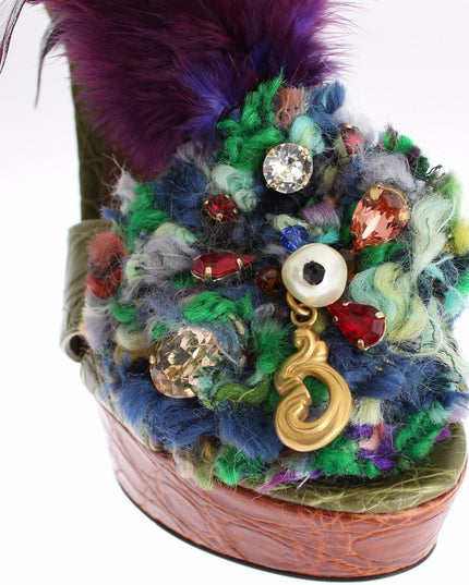 Dolce & Gabbana Green Leather Crystal Platform Sandal Shoes