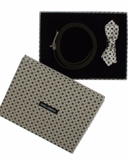 Dolce & Gabbana White Silk Bowtie Leather Men Belt Gift Box