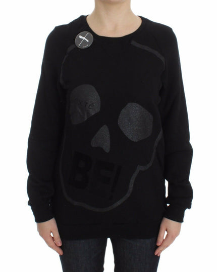 Exte Black Cotton Motive Print Crewneck Pullover Sweater