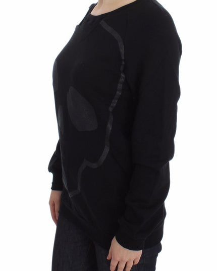 Exte Black Cotton Motive Print Crewneck Pullover Sweater