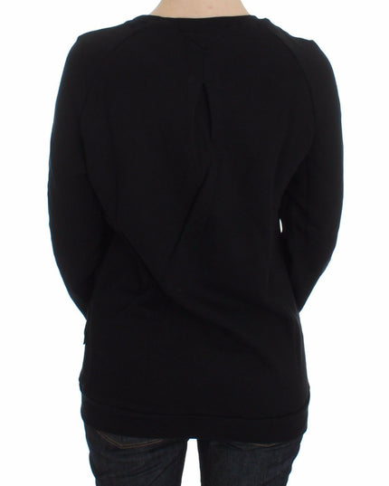 Exte Black Cotton Motive Print Crewneck Pullover Sweater