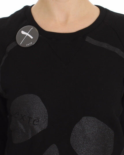 Exte Black Cotton Motive Print Crewneck Pullover Sweater