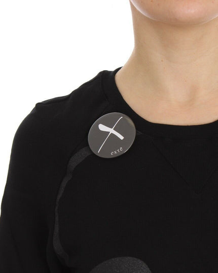 Exte Black Cotton Motive Print Crewneck Pullover Sweater