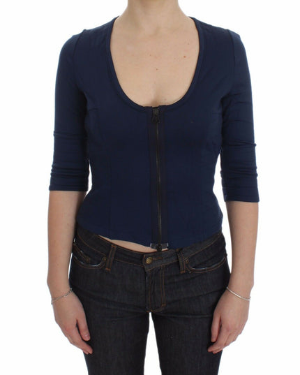 Exte Blue Cotton Top Zipper Deep Crew-neck Sweater
