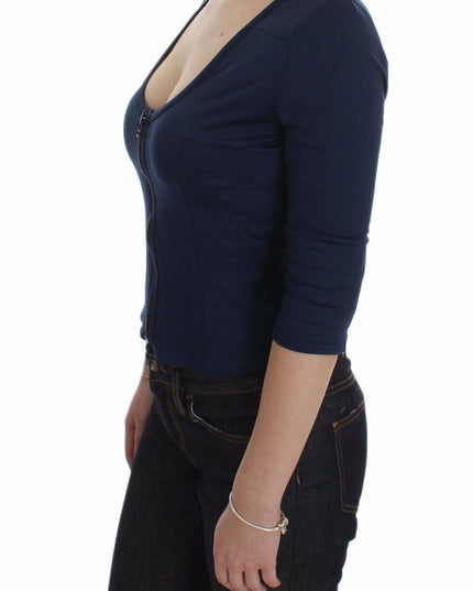 Exte Blue Cotton Top Zipper Deep Crew-neck Sweater