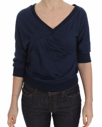 Exte Blue Cotton Top Pullover Deep V-neck Women Sweater