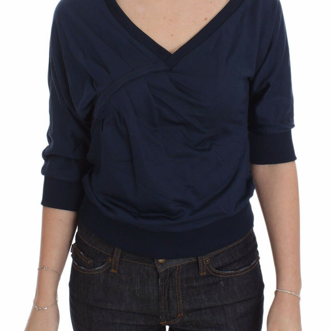 Exte Blue Cotton Top Pullover Deep V-neck Women Sweater