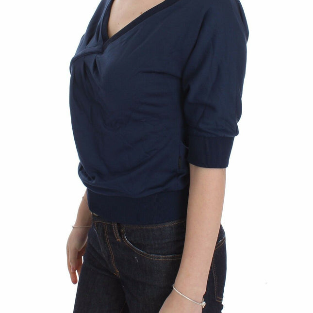 Exte Blue Cotton Top Pullover Deep V-neck Women Sweater