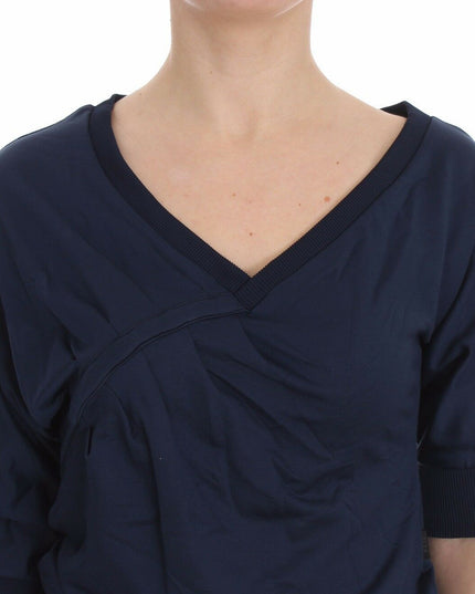Exte Blue Cotton Top Pullover Deep V-neck Women Sweater