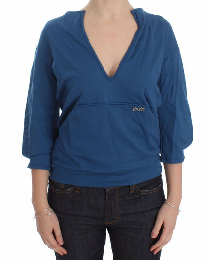 Exte Blue Cotton Top Pullover Deep V-neck Women Sweater